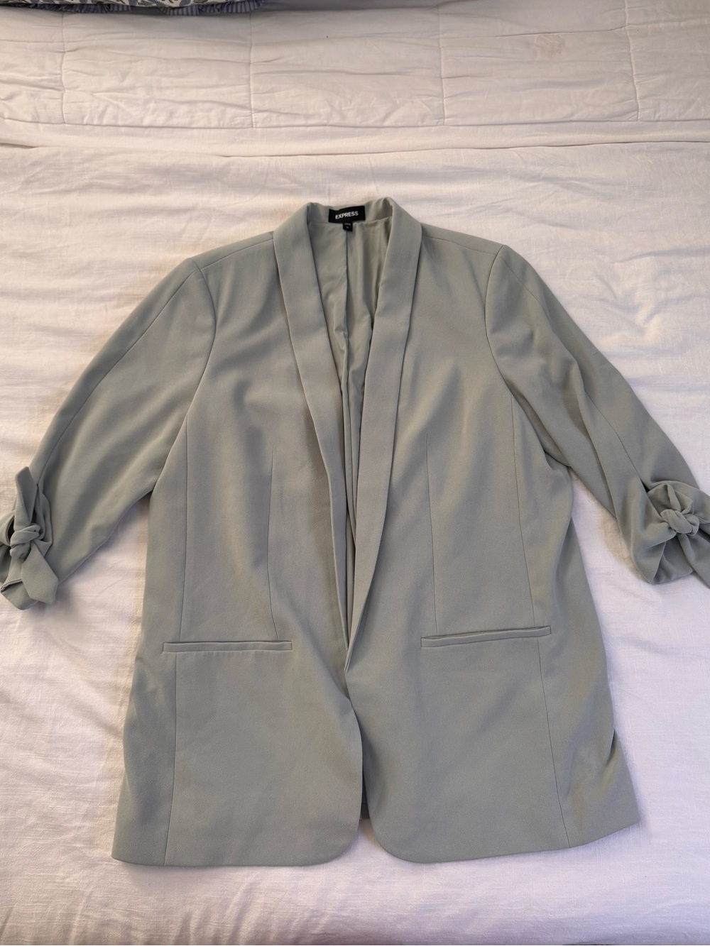 Express Light Sage Open-Front Blazer with Knot Sleeve Detail